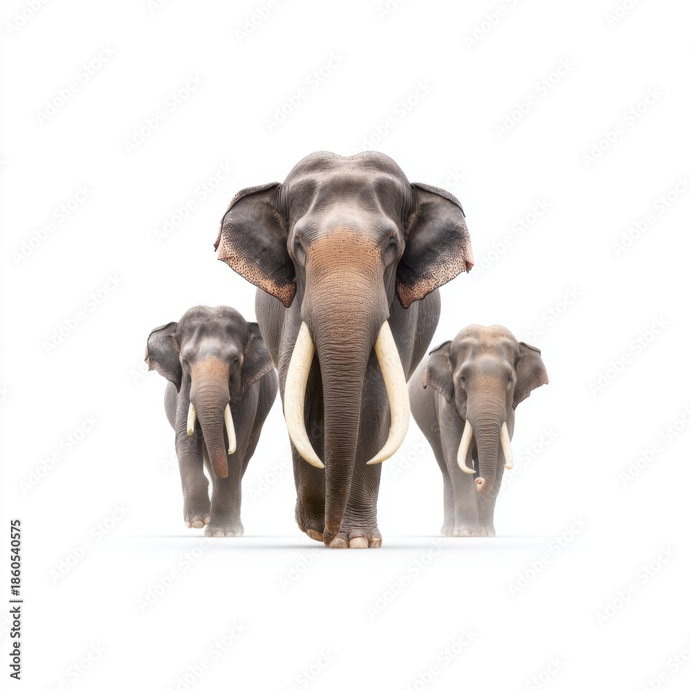 Fototapeta premium Majestic elephants walking in a line on a white background, showcasing their strength and grace in a serene setting