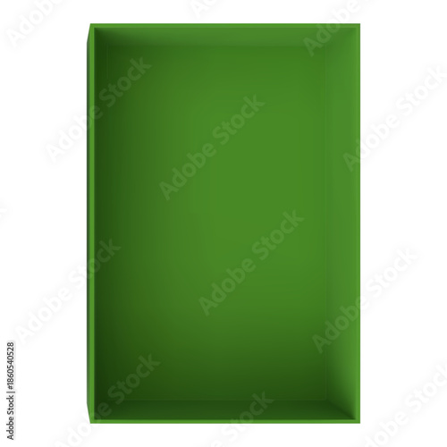 Open green gift cardboard box top view, vector 3D empty carton container present parcel, delivery case, wrap package