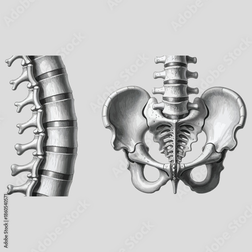 Detailed anatomical illustration of the human lumbar spine and pelvis