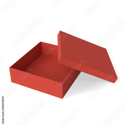 Red square gift box icon with an open lid, realistic style.