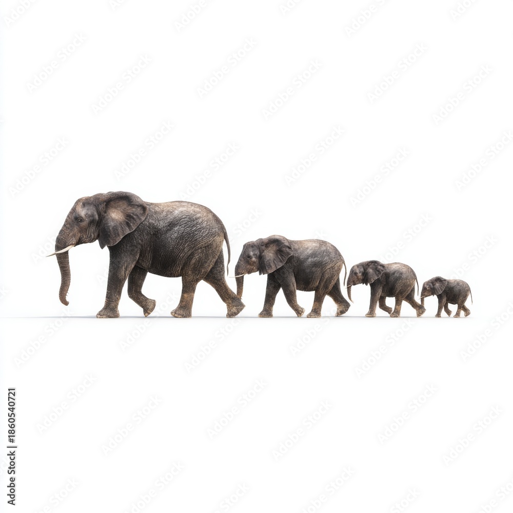 Obraz premium A Family of Elephants Walking Together in a Line, Symbolizing Strength, Family, and Unity in Nature