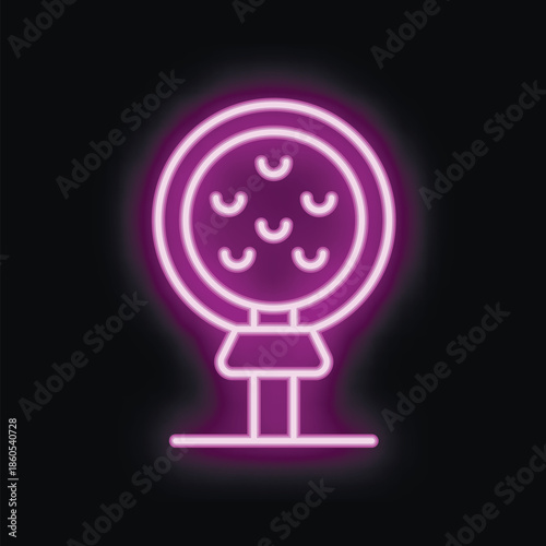 Purple neon sign representing a golf ball on tee, glowing on a dark background