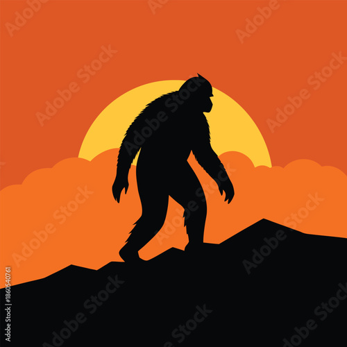 A silhouette of a lion, a man, and a girl stands against an orange sunset beach landscape featuring wild animals and people under a summer sky with palm trees and a black vector illustration style
