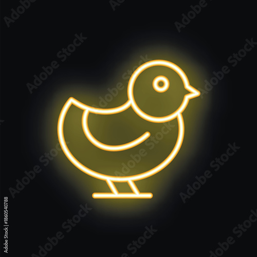 Yellow neon sign of a small chick standing on a black background