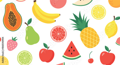 Colorful tropical fruit seamless pattern with banana pineapple watermelon citrus apple pear strawberry flat vector illustration