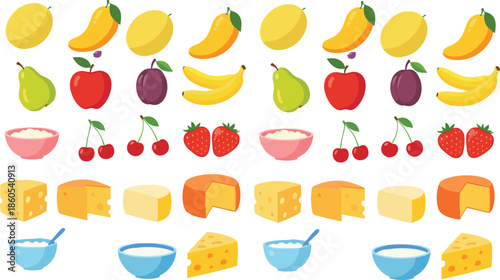 Colorful fruit and dairy food icon set with cheese yogurt bowls berries bananas flat vector illustration