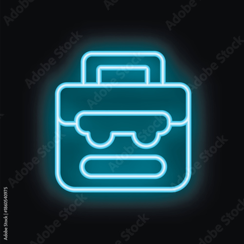 Blue neon sign depicting a lunch bag shining on black background with copy space