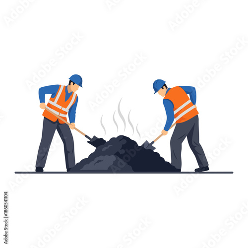 Road construction workers shoveling hot asphalt pile.