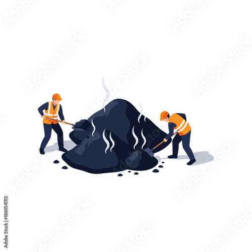Road workers shoveling hot asphalt pile illustration.