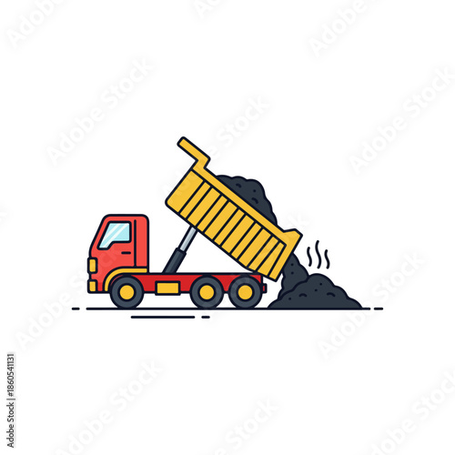 Yellow dump truck unloading black gravel load.