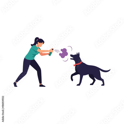 Woman using deterrent spray on aggressive dog.