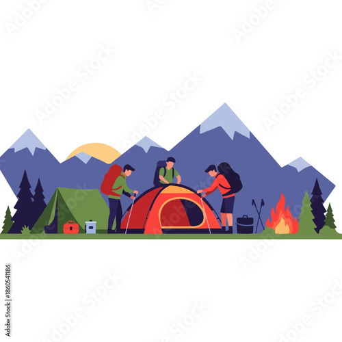 Backpackers Assembling Orange Tent With Camping Gear.