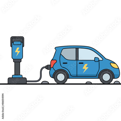 Blue electric car charging at station illustration.