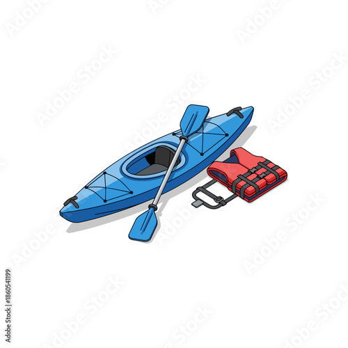 Blue kayak with paddle and safety lifejacket.