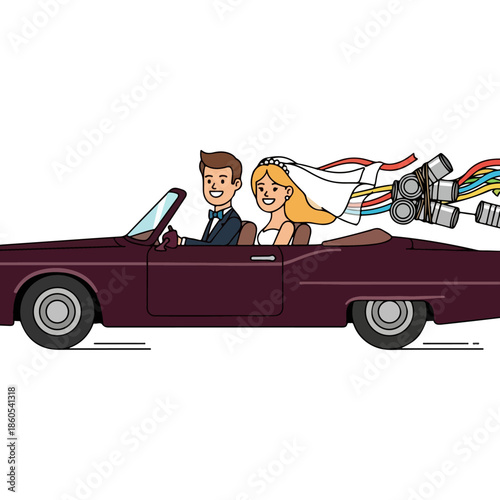 Happy newlywed couple driving classic convertible illustration.