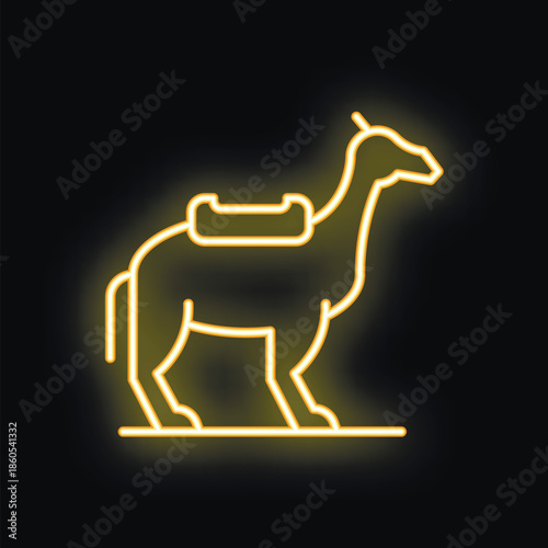 Neon camel standing with saddle on its back glowing yellow on black background