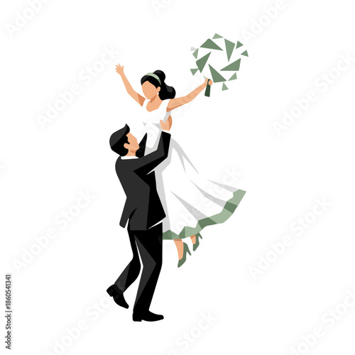 Joyful wedding couple dancing and celebrating.