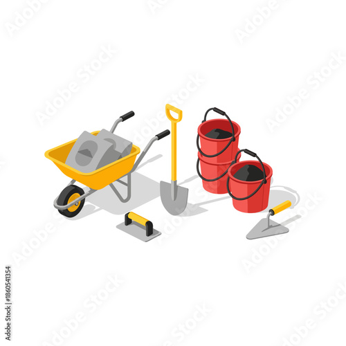 Isometric construction tools set with wheelbarrow buckets shovel and trowels.