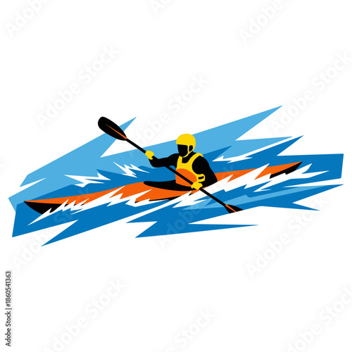 Kayaker paddling through whitewater in vector illustration.