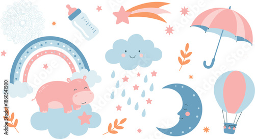Cute baby nursery elements set with rainbow, cloud, moon, umbrella, balloon and hippo in pastel colors