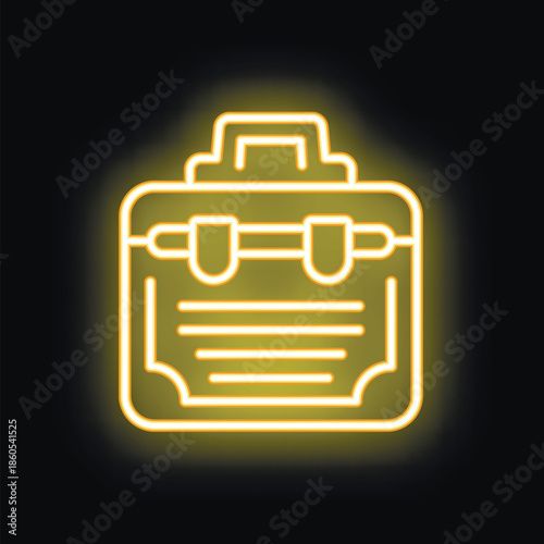 Yellow neon icon of a suitcase glowing on a black background