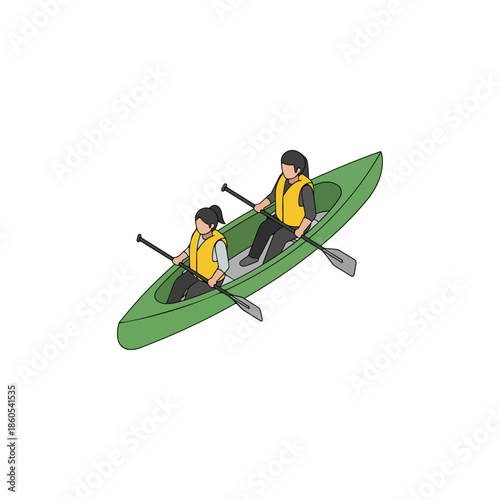 Two people paddling tandem green kayak with life jackets.