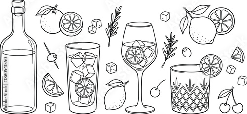 Cocktail ingredients, citrus garnish, drink glasses, bottle, ice cubes, cherries, olives, rosemary sprigs, mixology elements, flat vector illustration