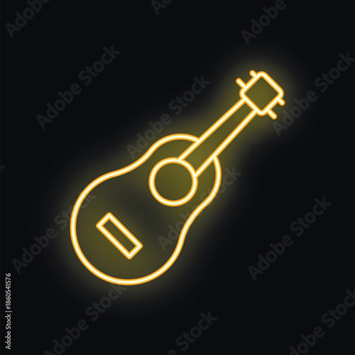 Yellow glowing neon sign depicting an acoustic guitar on a black background