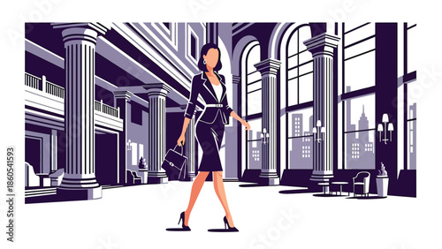 Modern vector illustration of elegant woman walking through luxury hotel lobby, premium lifestyle and high-end travel concept ideal for hospitality and luxury branding