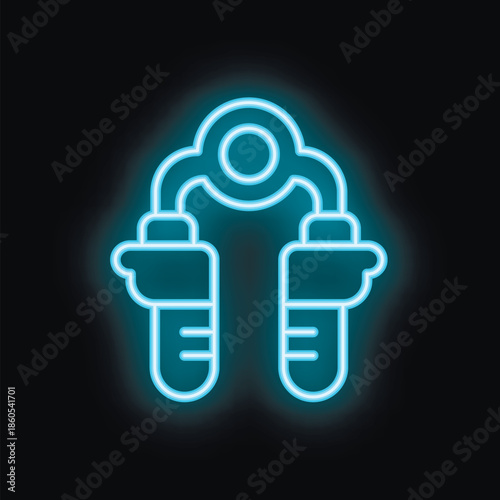 Blue neon sign icon of a hand grip exerciser glowing on black background