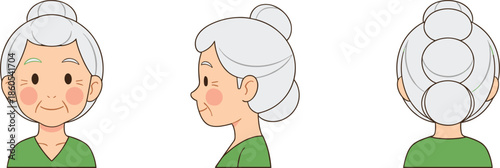 Cute elderly woman character turnaround with front side and back views grandmother cartoon flat vector illustration