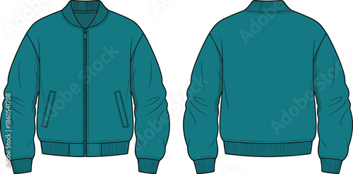 Bomber jacket, teal color, front zipper, ribbed cuffs, back view, fashion sketch, apparel mockup, flat vector illustration