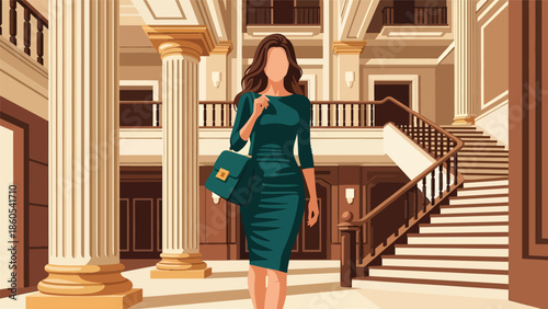 Modern vector illustration of elegant woman walking through luxury hotel lobby, premium lifestyle and high-end travel concept ideal for hospitality and luxury branding