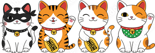 Cute lucky cat illustration set with maneki neko characters waving paws isolated on white background vector