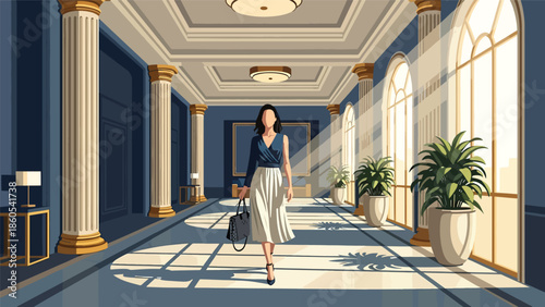 Modern vector illustration of elegant woman walking through luxury hotel lobby, premium lifestyle and high-end travel concept ideal for hospitality and luxury branding