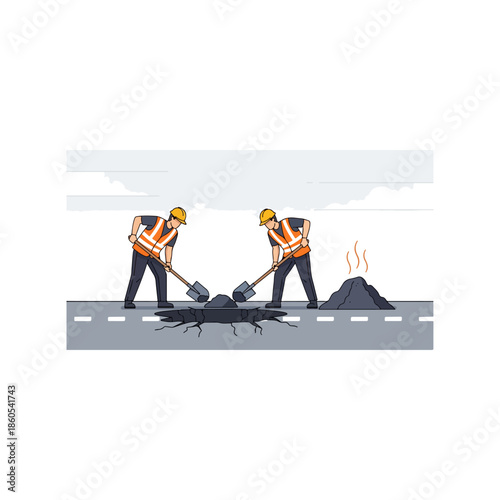 Road construction workers using jackhammers repairing asphalt.
