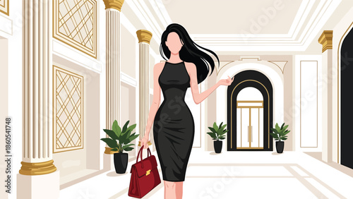 Modern vector illustration of elegant woman walking through luxury hotel lobby, premium lifestyle and high-end travel concept ideal for hospitality and luxury branding