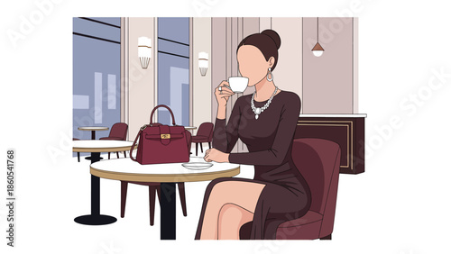 Modern vector illustration of stylish woman enjoying coffee at upscale café, refined urban lifestyle and luxury leisure concept for premium brands