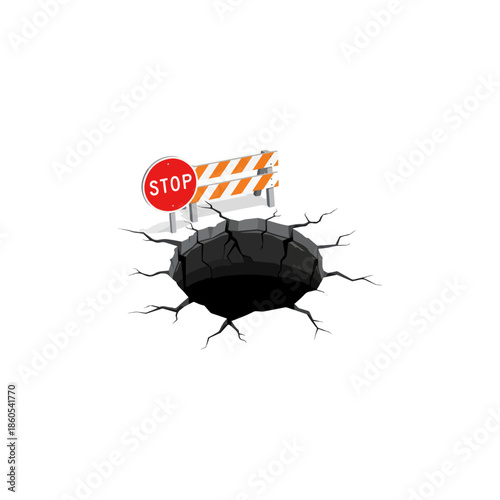 Gaping asphalt sinkhole with cracks and barricade stop sign.