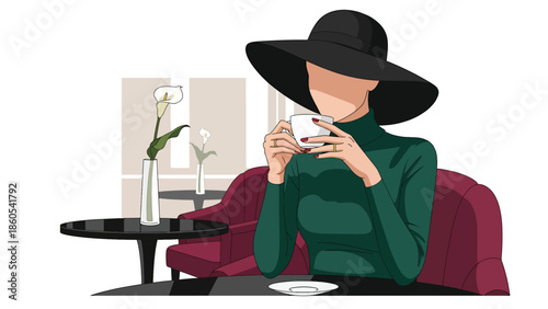 Modern vector illustration of stylish woman enjoying coffee at upscale café, refined urban lifestyle and luxury leisure concept for premium brands