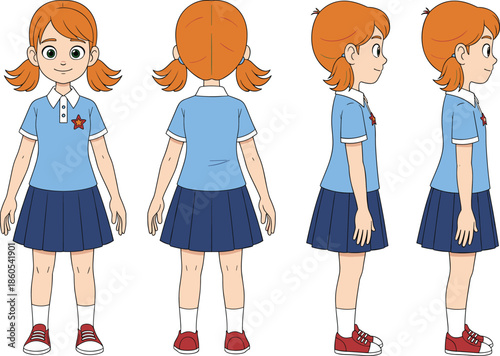 Cute schoolgirl character turnaround set with front back and side views cartoon kid vector illustration