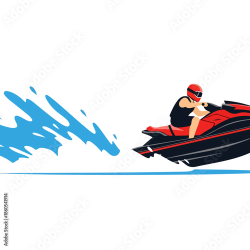 Speeding jetski rider in safety gear illustration.