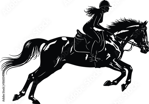 Black and white vector silhouette of a female rider jumping a horse in English equestrian gear for show jumping sports competition.