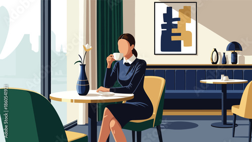 Modern vector illustration of stylish woman enjoying coffee at upscale café, refined urban lifestyle and luxury leisure concept for premium brands