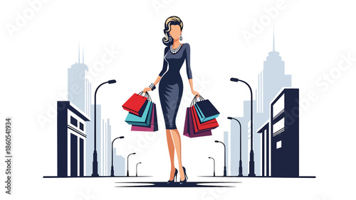 Modern vector illustration of fashionable woman shopping with luxury bags in city street, high-end fashion and premium consumer lifestyle concept