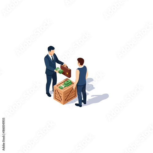 Two isometric business people exchanging payment over cash filled crate.