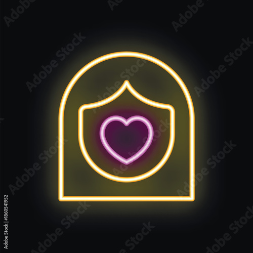 Neon sign depicting a woman protecting a heart with a shield, symbolizing love, protection, and security