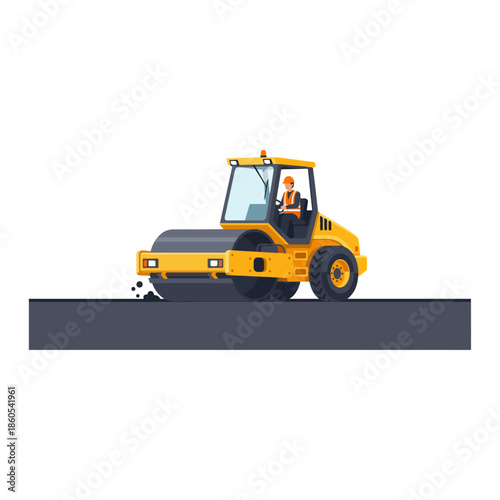 Yellow road roller compactor with cabin operator.
