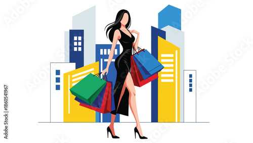 Modern vector illustration of fashionable woman shopping with luxury bags in city street, high-end fashion and premium consumer lifestyle concept