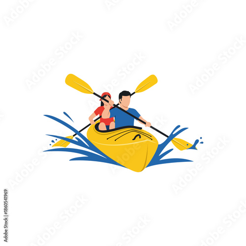 Couple paddling yellow kayak with oars illustration.